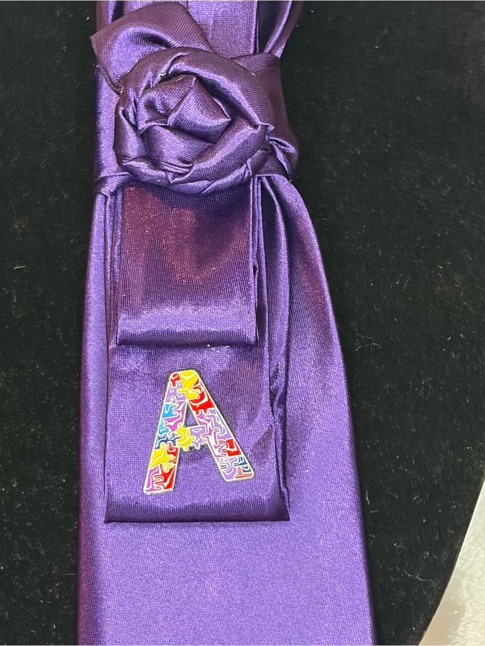 Purple Women’s Satin Necktie with Decorative Pins for Autism Awareness